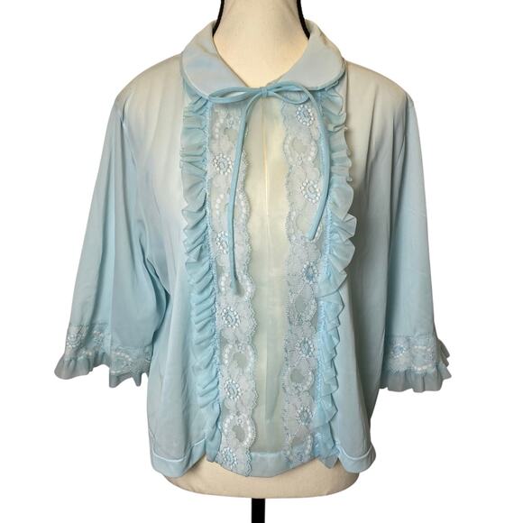 Vintage Women's Bed Jacket Medium Light Blue Ruffles Lace Trim Nylon Lingerie - Picture 1 of 12